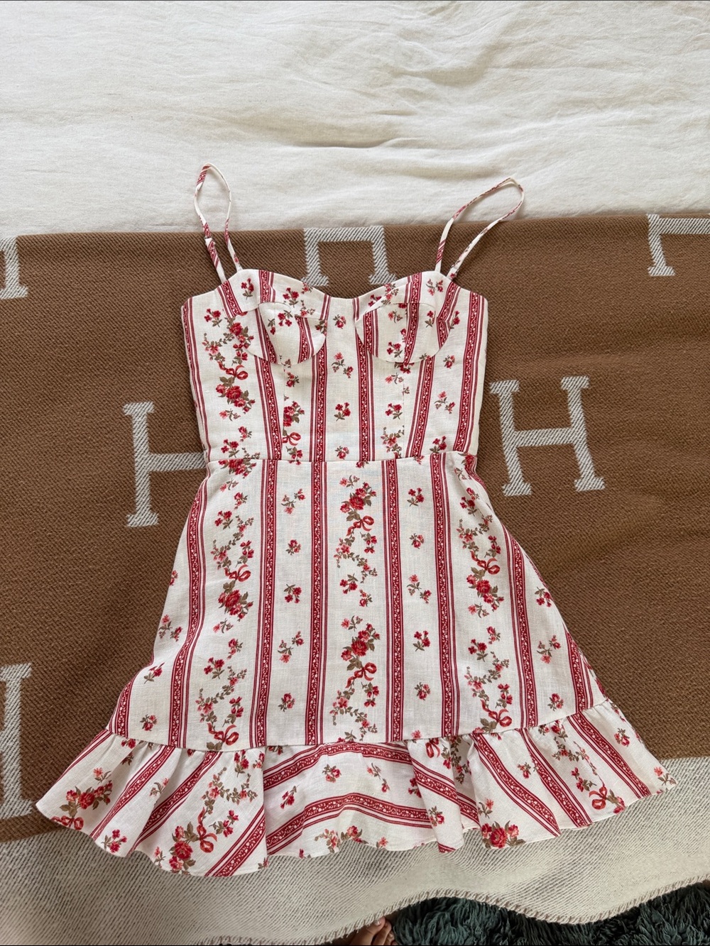 Reformation Cream Dress with Red Floral Stripes